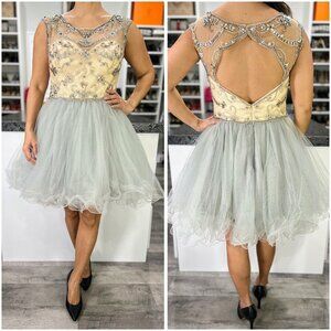 Let's Fashion Short Beige Gray Beaded Formal Dress $165
